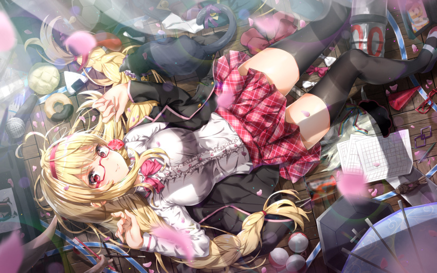 1girl, ball, bangs, black_jacket, black_legwear, blonde_hair, blurry, blurry_foreground