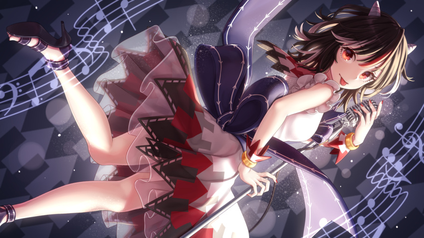 1girl, :p, arrow_background, bangs, bare_arms, bare_shoulders, beamed_eighth_notes, black_footwear