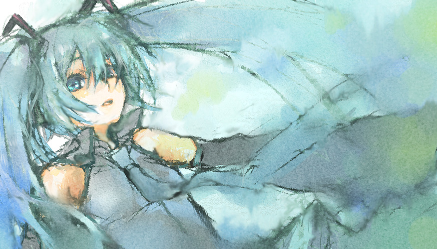 ame_shoku, detached_sleeves, face, hatsune_miku, twintails, vocaloid