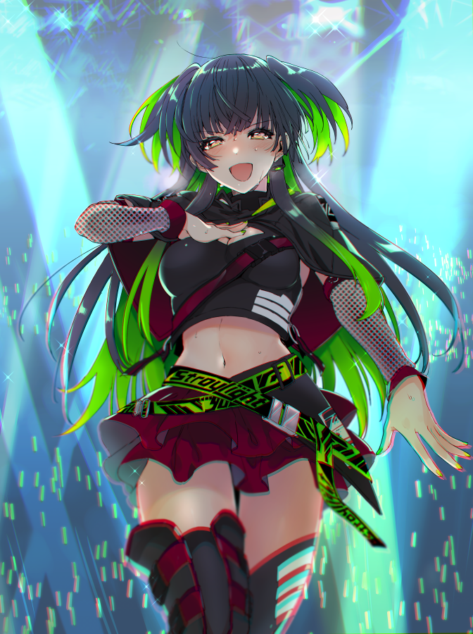1girl, arm_warmers, bangs, black_hair, black_legwear, blunt_bangs, blush, breasts