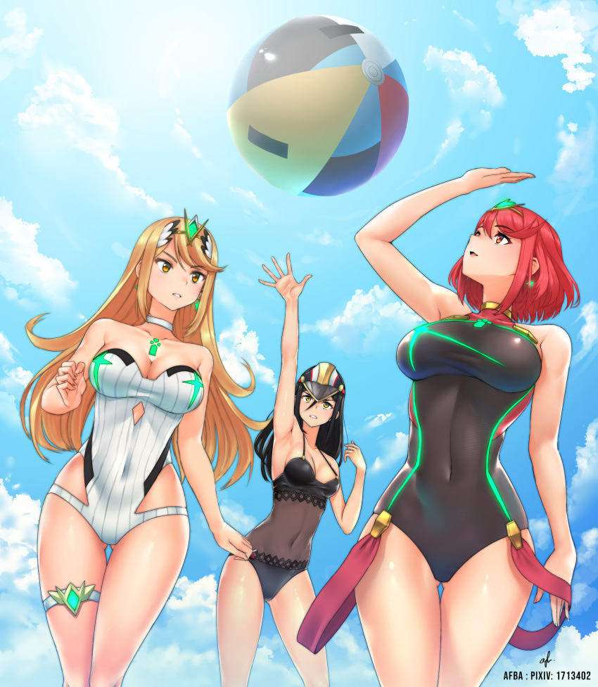 3girls, absurdres, adapted_costume, afba, arm_at_side, arm_support, armpits, artist_name
