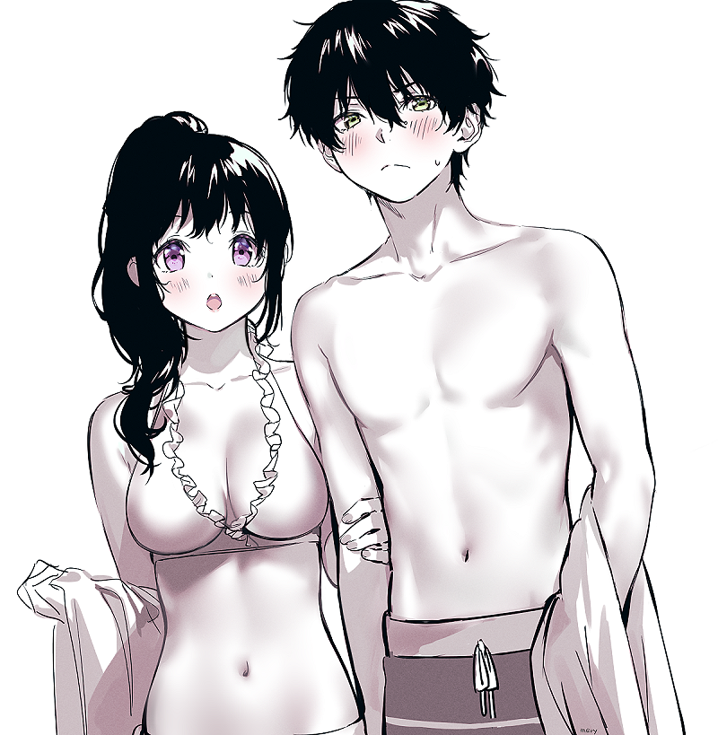 >:(, 1boy, 1girl, :o, angry, bangs, bare_shoulders, bikini