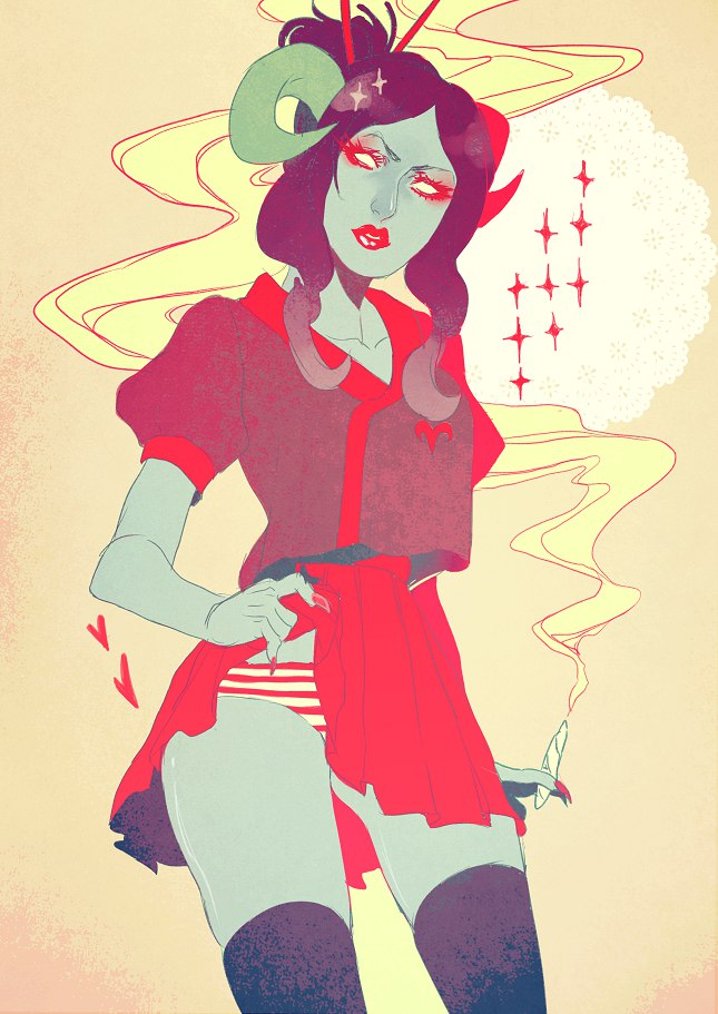 1girl, 1other, aries, bun, cigarette, damara_megido, homestuck, horns