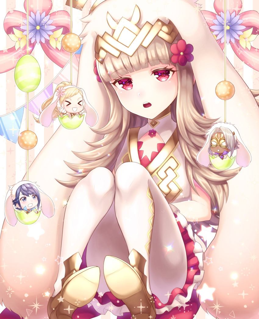 >_<, 2boys, 2girls, alfonse_(fire_emblem), animal_ears, bellfloweeeer, blonde_hair, blue_hair