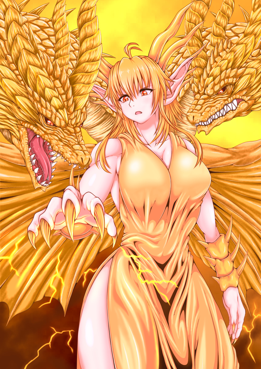 1girl, absurdres, animal_ears, blonde_hair, claws, commentary, dragon, dragon_ears, dragon_girl, dragon_horns, dragon_wings, electricity, eyebrows_visible_through_hair, fangs, godzilla:_king_of_the_monsters, godzilla_(series), hair_between_eyes, highres, horns, kaijuu, king_ghidorah, king_ghidorah_(godzilla:_king_of_the_monsters), long_hair, looking_at_viewer, monster_girl, multiple_heads, muscle, mynameissuusan, open_mouth, orange_eyes, personification, pointy_ears, scales, sharp_teeth, slit_pupils, teeth, translation_request, wings, yellow_background