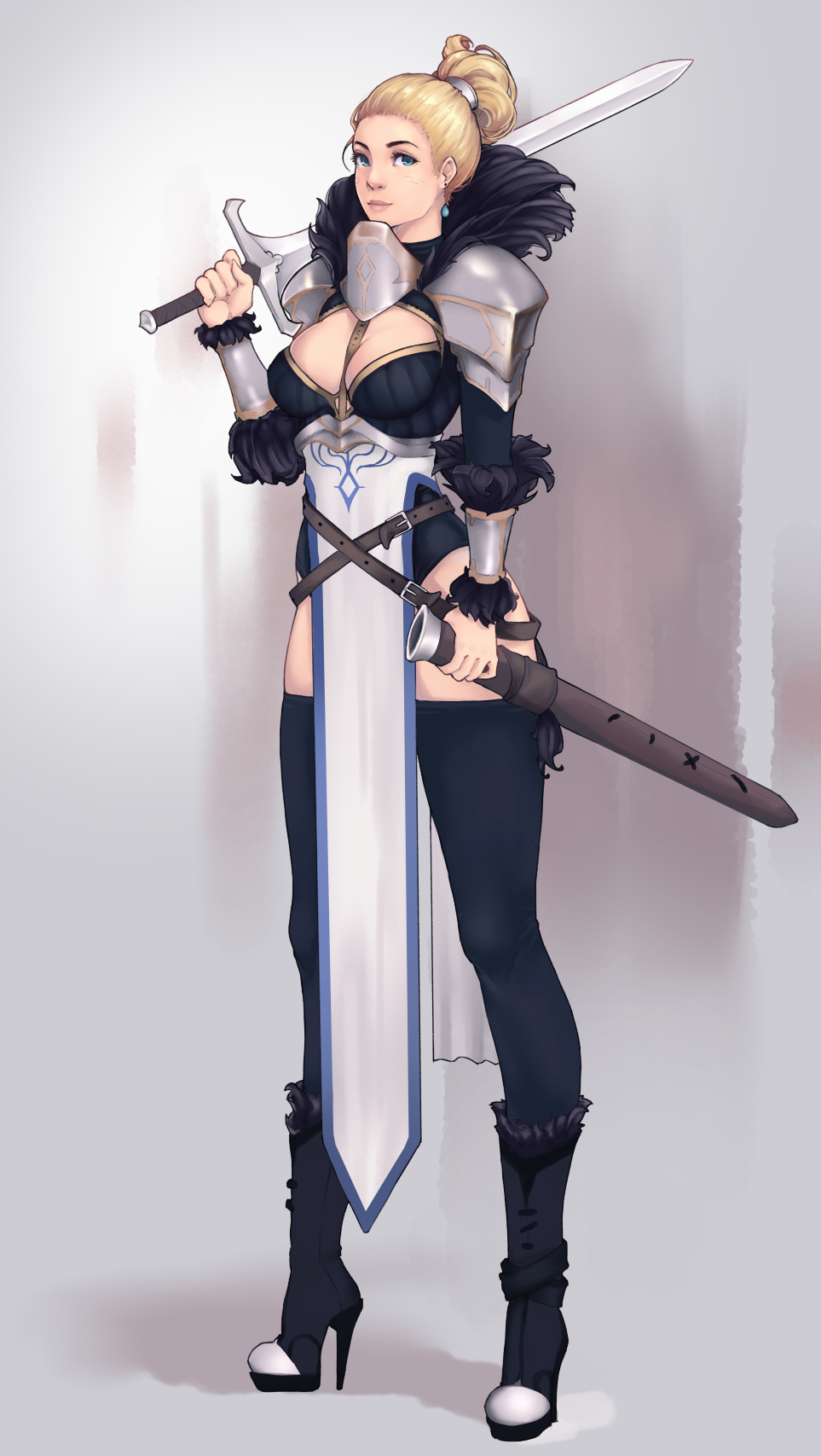 1girl, armband, belt, between_breasts, black_footwear, black_legwear, black_leotard, blonde_hair