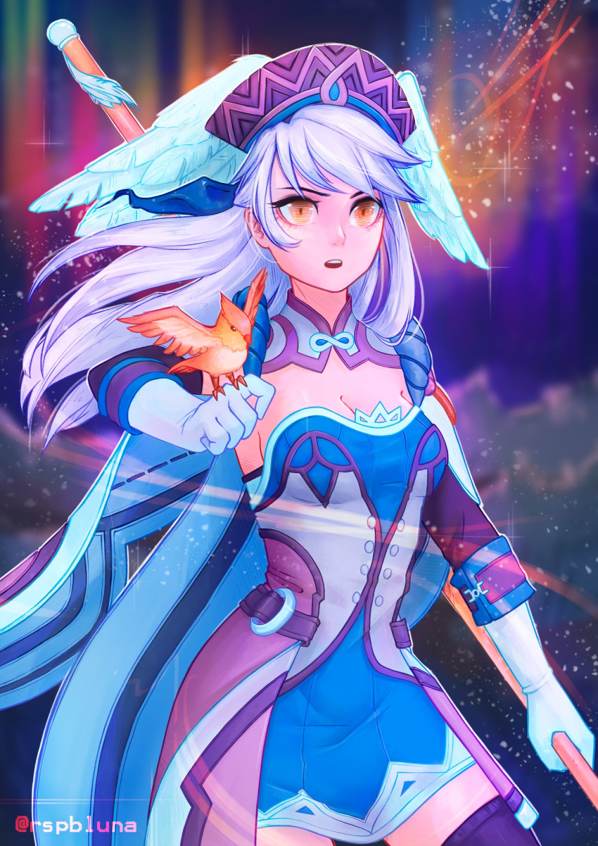 1girl, animal, animal_on_hand, bangle, bird, bird_on_hand, bracelet, breasts, cape, cleavage, cosplay, detached_collar, detached_sleeves, elbow_gloves, fire_emblem, fire_emblem:_akatsuki_no_megami, gloves, half_updo, hat, head_wings, highres, jewelry, long_hair, medium_breasts, melia, micaiah, nintendo, portrait, rspbluna, silver_hair, solo, strapless, thigh-highs, twitter_username, upper_body, white_gloves, xenoblade_(series), xenoblade_1, yellow_eyes, yune, zettai_ryouiki