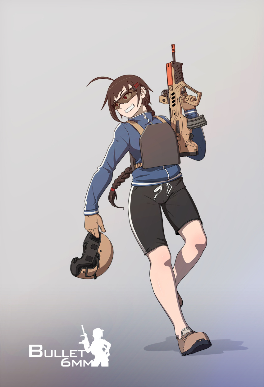 1girl, ahoge, airsoft, assault_rifle, body_armor, braid, brown_hair, bullpup