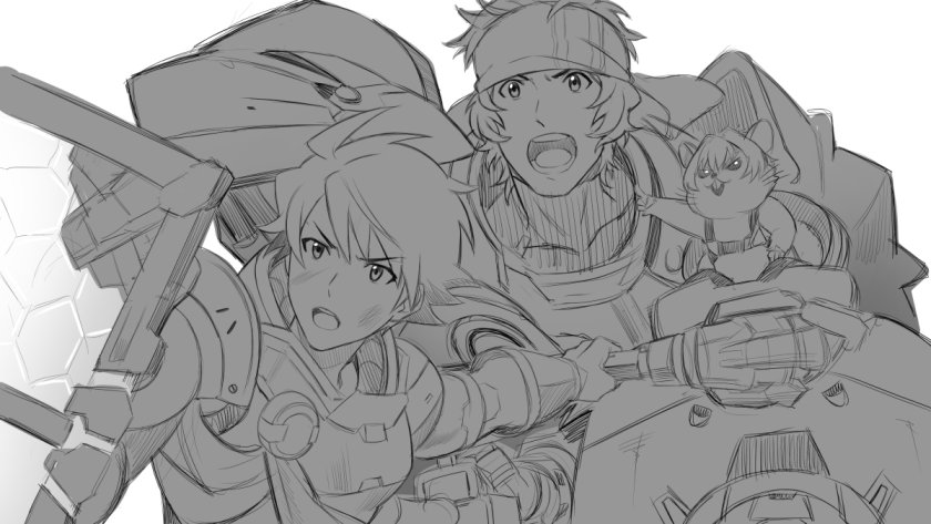 3boys, animalization, armor, collarbone, cosplay, enjouji_michiru, greyscale, hammond_(overwatch)
