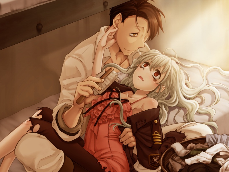 1boy, 1girl, albatross_koukairoku, bags_under_eyes, bangs, blush, brushing_another's_hair, collarbone