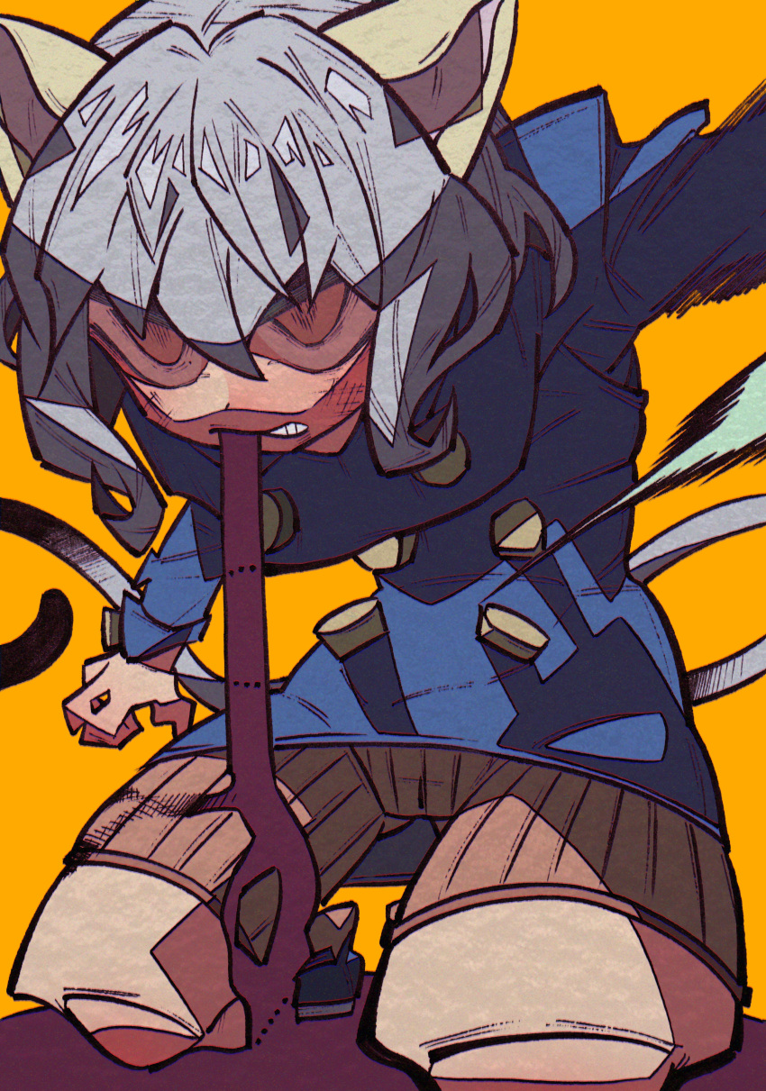 1girl, absurdres, animal_ears, bangs, blue_shirt, breasts, buttons, cat_ears, cat_girl, cat_tail, doll_joints, hair_between_eyes, highres, huge_filesize, hunter_x_hunter, kneeling, long_sleeves, medium_breasts, neferpitou, orange_background, orange_eyes, orange_shorts, ribbed_shorts, shirt, short_hair, shorts, silver_hair, solo, tail, teeth, yaya_hiyayaka