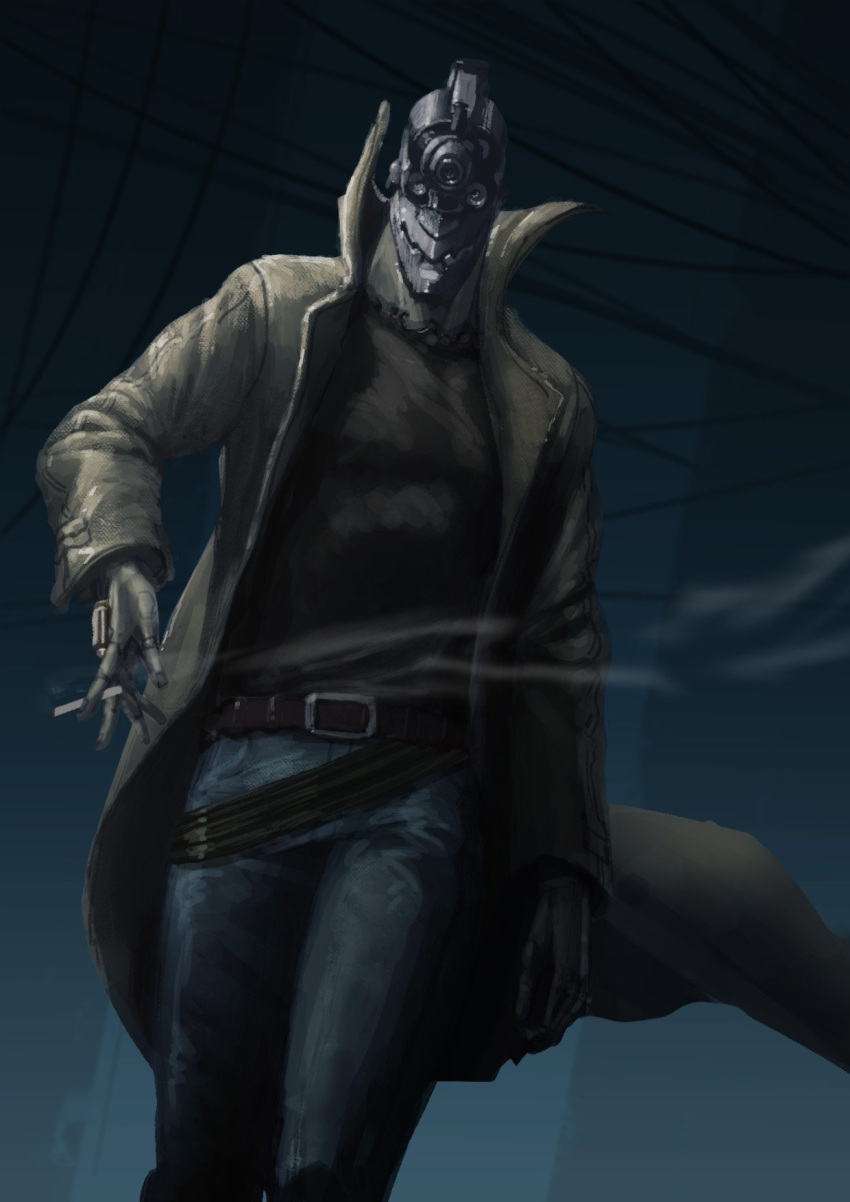 1boy, belt, chaboex, cigarette, city, commentary_request, cowboy_shot, cybernetic_parts, cyborg, dark, denim, dutch_angle, highres, holding, holding_cigarette, inui_juuzou, jeans, looking_at_viewer, night, no_guns_life, pants, smoke, smoking, solo, trench_coat, wind, wire