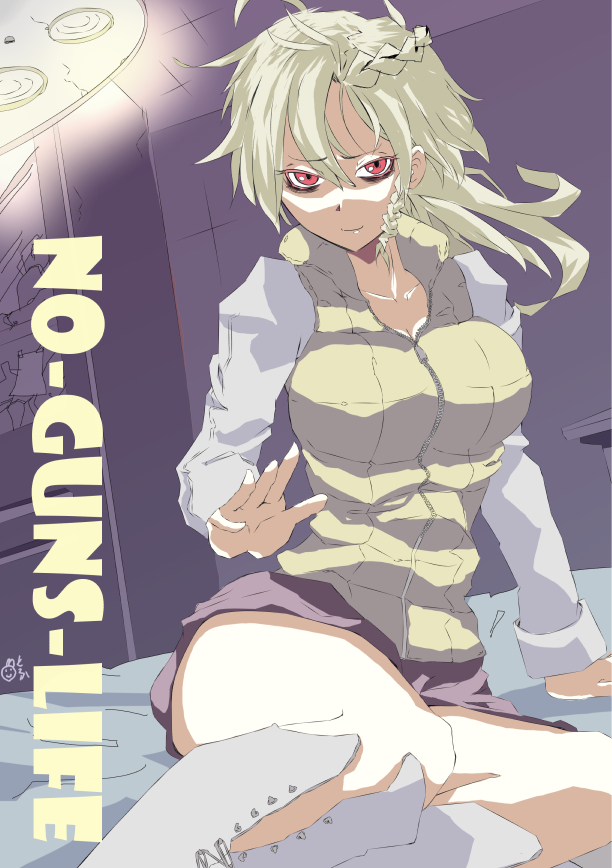 1girl, alternate_eye_color, bags_under_eyes, bed, blonde_hair, boots, braid, copyright_name, french_braid, indoors, kagetohu22, light_smile, long_hair, looking_at_viewer, mary_(no_guns_life), messy_hair, no_guns_life, on_bed, patting_lap, red_eyes, side_braid, signature, sitting, skirt, solo, surgical_light, thighs, vest, white_footwear, zipper