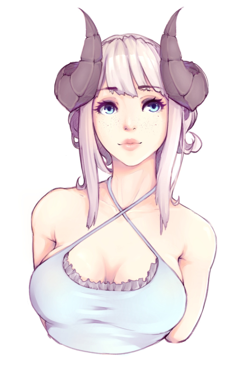 1girl, bangs, bare_shoulders, blue_eyes, blue_shirt, breasts, closed_mouth, criss-cross_halter