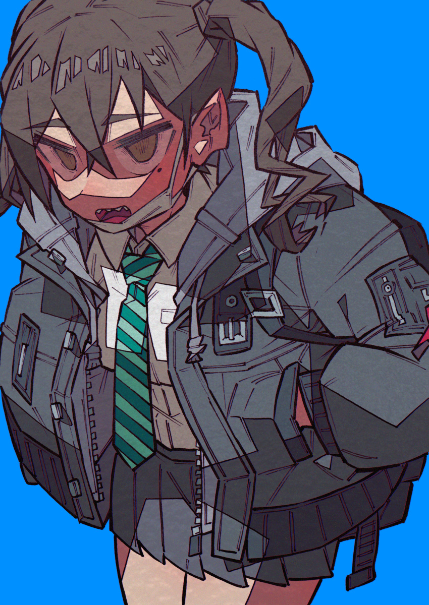 1girl, absurdres, bangs, black_hair, blue_background, collared_shirt, cowboy_shot, crossed_bangs