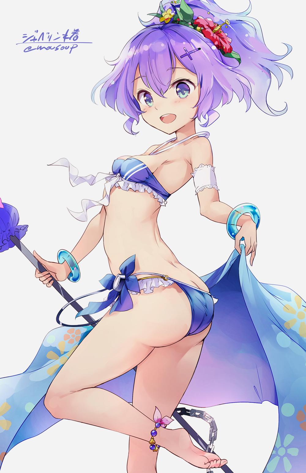 1girl, anklet, armpits, ass, azur_lane, back, bare_shoulders, barefoot, bikini, blue_bikini, blue_eyes, blush, breasts, butt_crack, eyebrows_visible_through_hair, feet, flower, hair_between_eyes, hair_flower, hair_ornament, halter_top, halterneck, highres, holding, holding_towel, holding_weapon, javelin_(azur_lane), jewelry, leg_up, looking_at_viewer, midriff, moupii_(hitsuji_no_ki), open_mouth, purple_hair, simple_background, small_breasts, smile, solo, swimsuit, thighs, toes, towel, weapon, white_background
