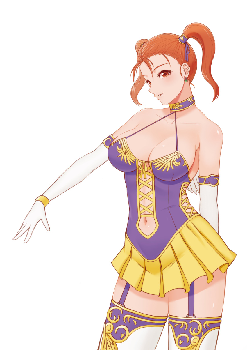 1girl, alternate_costume, arm_at_side, bare_shoulders, breasts, brown_eyes, brown_hair, collarbone, divine_bustier_(dq), dragon_quest, dragon_quest_viii, earrings, elbow_gloves, gloves, halterneck, highres, jessica_albert, jewelry, looking_at_viewer, miru_(wvjc7832), navel_cutout, parted_lips, shiny, shiny_skin, simple_background, skirt, smile, solo, thigh-highs, twintails, white_background, wings