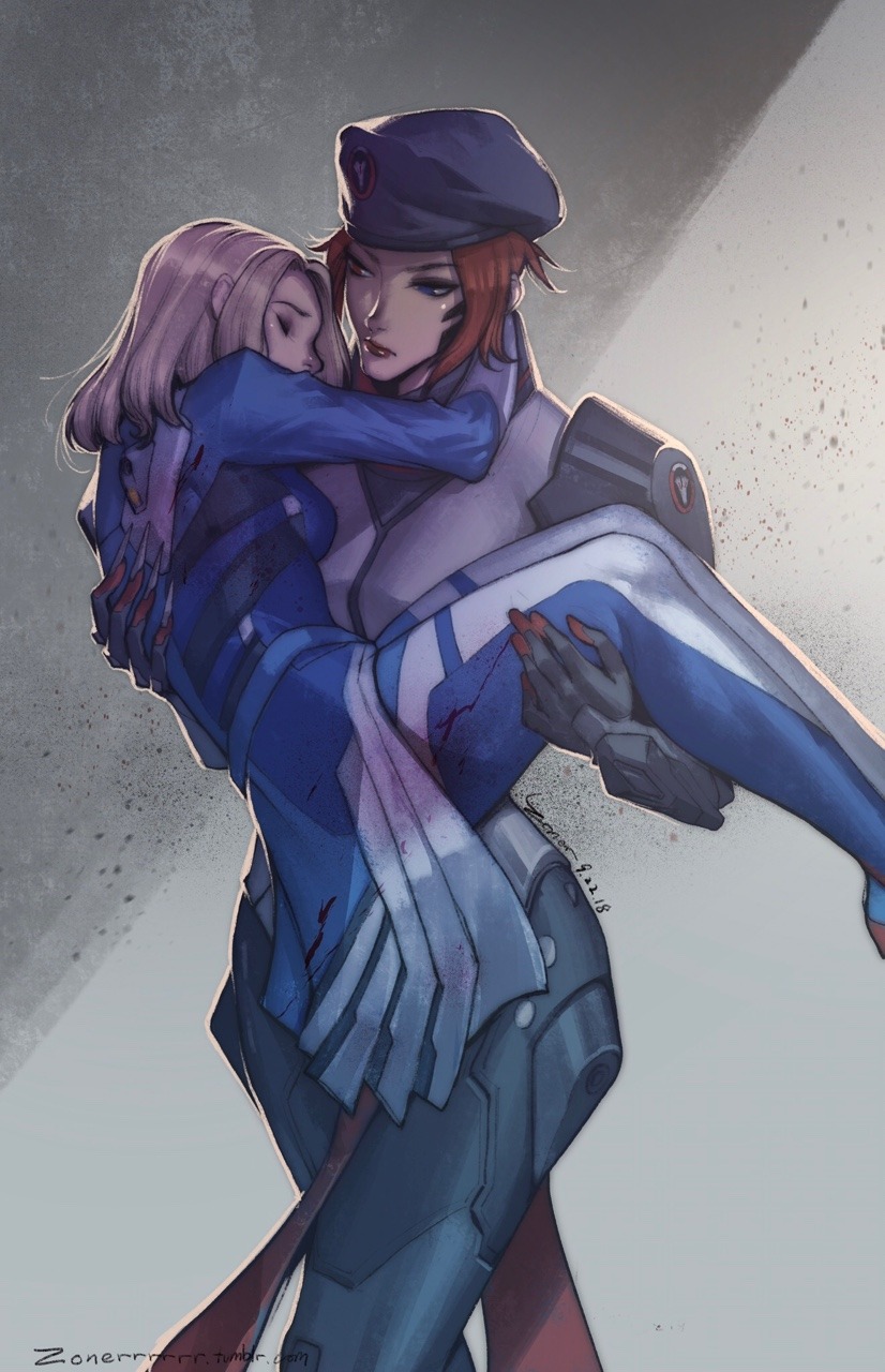 2girls, alternate_costume, alternate_hair_length, alternate_hairstyle, arms_around_neck, beret, blackwatch_(overwatch), blackwatch_moira, blonde_hair, blue_eyes, bodysuit, breasts, carrying, claw_(weapon), closed_eyes, combat_medic_ziegler, commentary, english_commentary, faulds, hat, heterochromia, highres, lips, mercy_(overwatch), moira_(overwatch), multiple_girls, no_wings, orange_hair, overwatch, princess_carry, red_eyes, short_hair, small_breasts, weapon, younger, zoner