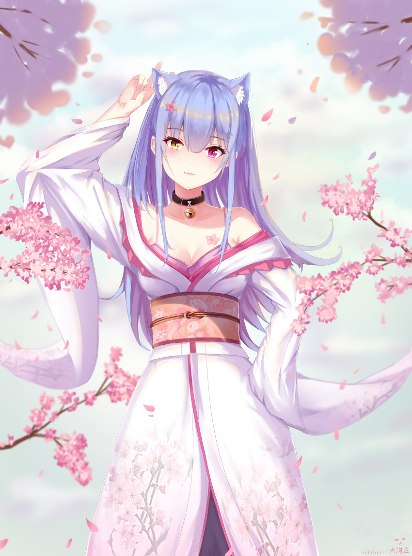 1girl, absurdres, animal_ear_fluff, animal_ears, arm_up, bangs, bare_shoulders, blue_hair