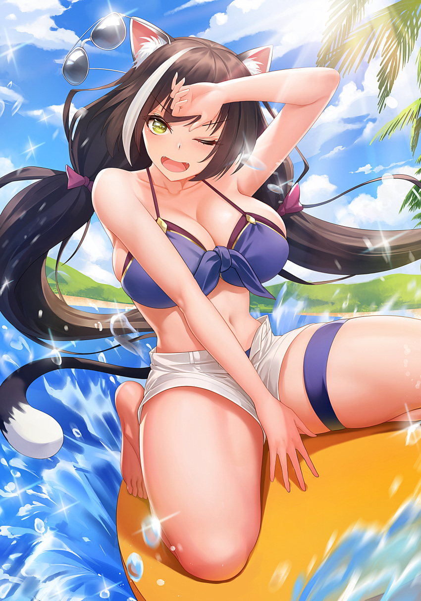 1girl, ;d, absurdres, alternate_breast_size, animal_ear_fluff, animal_ears, arm_up, bangs, bare_legs, barefoot, bikini, black_hair, blue_bikini, blue_sky, bow, breasts, cat_ears, cat_tail, clouds, collarbone, commentary_request, day, eyebrows_visible_through_hair, front-tie_bikini, front-tie_top, hair_bow, halterneck, head_tilt, highres, huge_breasts, kyaru_(princess_connect), long_hair, looking_at_viewer, multicolored_hair, navel, obaoba_(monkeyix), one_eye_closed, open_mouth, outdoors, palm_tree, princess_connect!, princess_connect!_re:dive, purple_bow, seiza, short_shorts, shorts, sitting, sky, smile, solo, sparkle, stomach, streaked_hair, sunglasses, swimsuit, tail, thigh_strap, thighs, tree, v-shaped_eyebrows, very_long_hair, water, white_hair, white_shorts, yellow_eyes