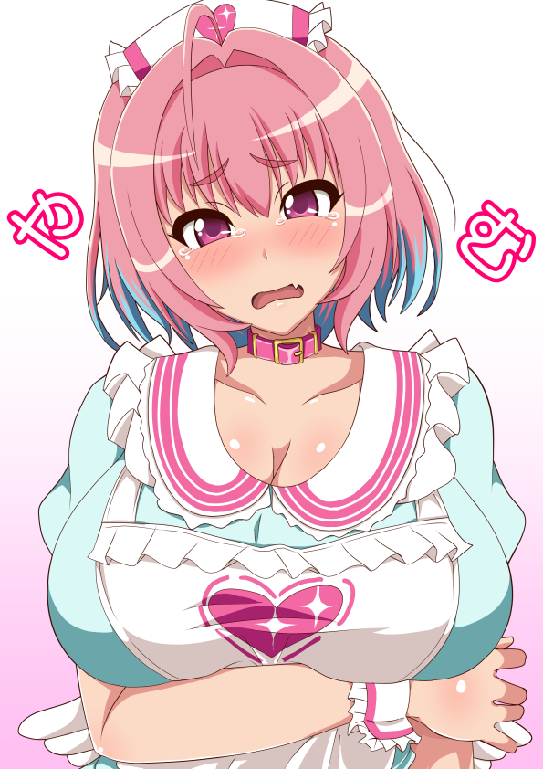 1girl, ahoge, apron, blush, breasts, cleavage, collarbone, eyebrows_visible_through_hair, fang, gradient, gradient_background, idolmaster, idolmaster_cinderella_girls, ikue_fuuji, large_breasts, looking_at_viewer, open_mouth, pink_hair, solo, tears, thick_eyebrows, violet_eyes, wrist_cuffs, yumemi_riamu