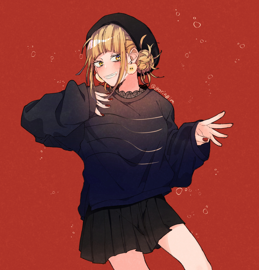 1girl, air_bubble, apple_earrings, baggy_clothes, bangs, beret, black_skirt, black_sweater, blonde_hair, blunt_bangs, blush, boku_no_hero_academia, bubble, cowboy_shot, dangle_earrings, double_bun, earrings, eyelashes, food_themed_earrings, gim_(gim-gim-3919), grin, hand_on_own_chest, hat, jewelry, looking_at_viewer, messy_hair, nail_polish, piercing, pleated_skirt, red_background, red_nails, sidelocks, skirt, sleeves_past_wrists, smile, solo, sweater, toga_himiko, tsurime, twitter_username, yellow_eyes