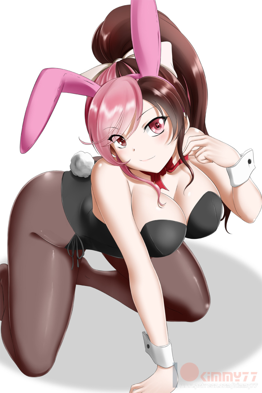1girl, alfred_cullado, all_fours, alternate_costume, alternate_hairstyle, animal_ears, bare_arms, bare_shoulders