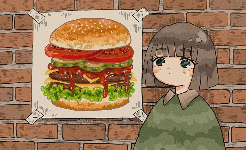 1girl, aqua_eyes, bangs, blunt_bangs, blush, brick_wall, brown_hair, cheese, collared_shirt, expressionless, eyebrows_visible_through_hair, food, green_shirt, hamburger, ketchup, lettuce, meat, original, sakura_szm, shirt, short_hair, solo, tomato, upper_body