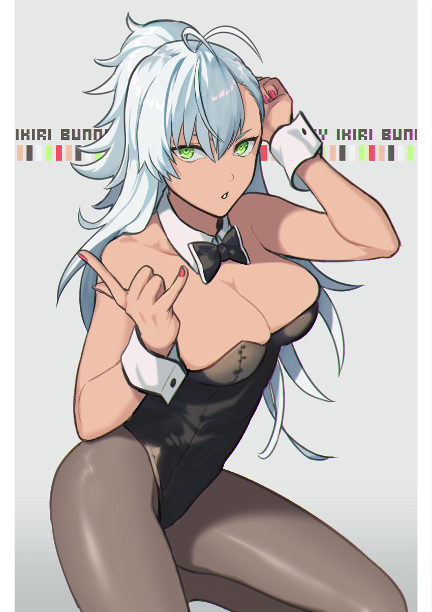 1girl, absurdres, black_leotard, black_neckwear, bow, bowtie, breasts, cleavage