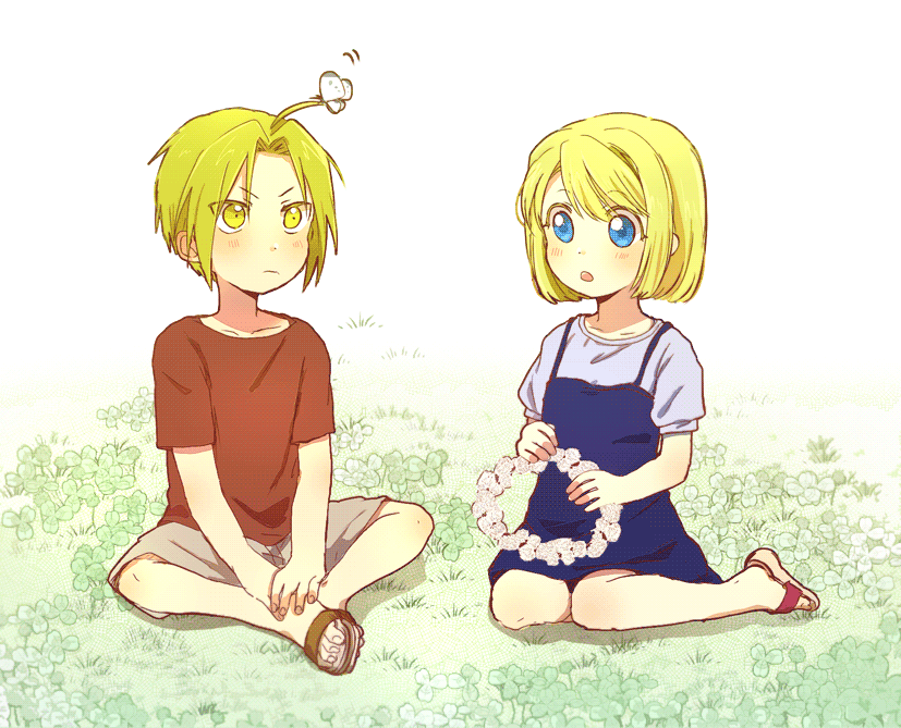 1boy, 1girl, :o, ahoge, blonde_hair, blue_eyes, blush, bug, butterfly, butterfly_on_hair, clover, dress, edward_elric, expressionless, eyes_visible_through_hair, fingernails, fullmetal_alchemist, grass, grey_shirt, head_wreath, holding, insect, legs_crossed, looking_at_another, puffy_sleeves, red_shirt, sandals, seiza, shirt, short_hair, short_sleeves, shorts, simple_background, sitting, sleeveless, sleeveless_dress, tsukuda0310, white_background, winry_rockbell, yellow_eyes, younger