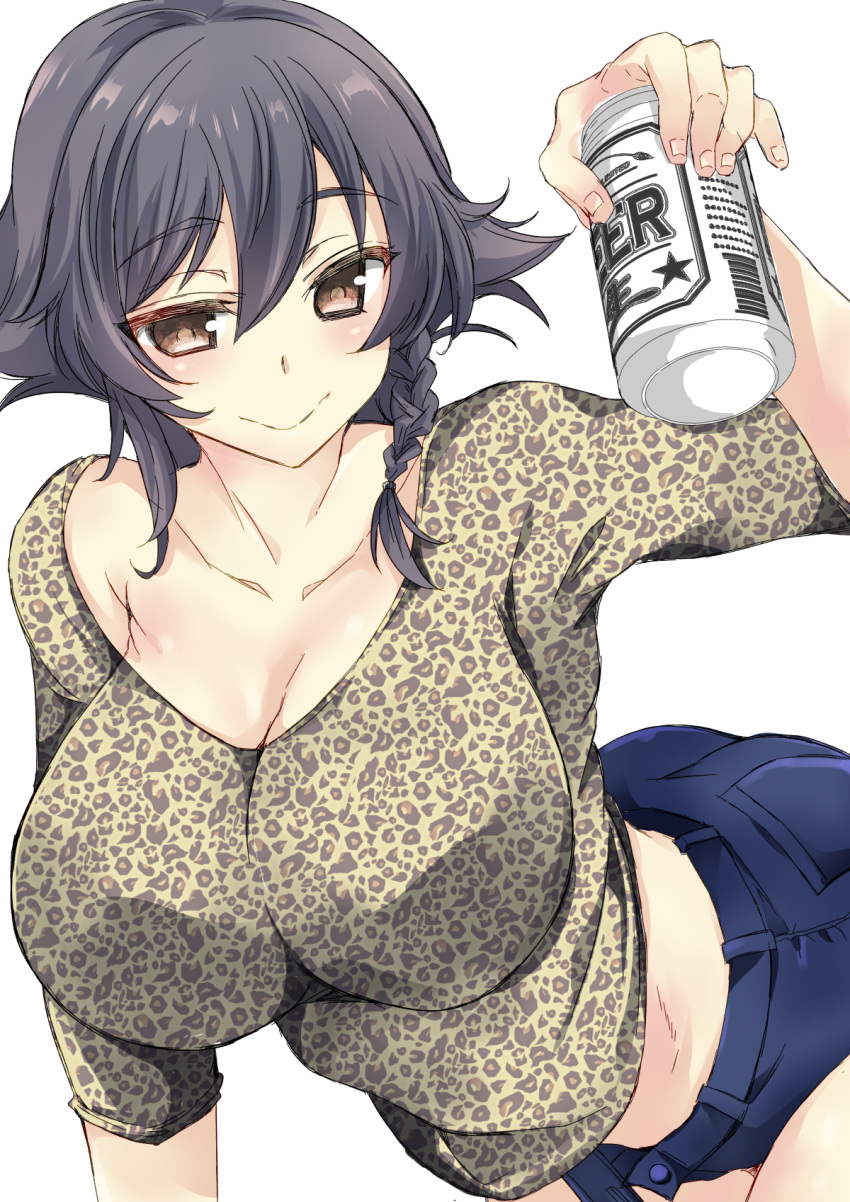 1girl, abenattou, alcohol, animal_print, ass, beer, black_hair, blush, braid, breasts, brown_eyes, can, cleavage, closed_mouth, eyebrows, eyebrows_visible_through_hair, girls_und_panzer, highres, huge_breasts, large_breasts, leaning_forward, leopard_print, looking_at_viewer, midriff, monochrome_background, pepperoni_(girls_und_panzer), shiny, shiny_hair, short_hair, short_shorts, shorts, simple_background, smile, solo, white_background