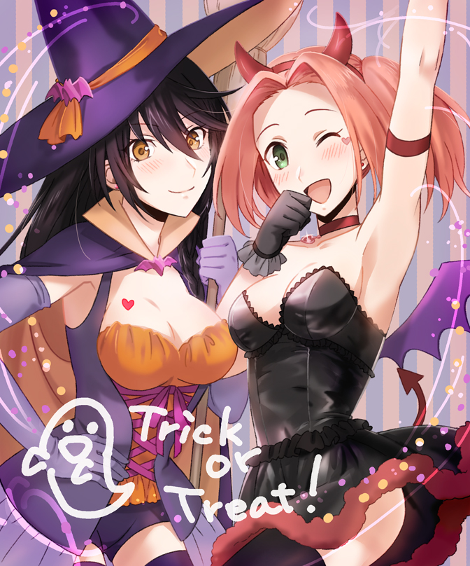 2girls, ;d, arm_strap, arm_up, armpits, bat_hair_ornament, black_dress, black_hair, black_legwear, black_shorts, blush, breasts, brown_hair, cape, choker, cleavage, cowboy_shot, demon_tail, dress, elbow_gloves, eleanor_hume, fake_horns, fur-trimmed_dress, gloves, green_eyes, grey_gloves, hair_ornament, hairband, halloween, halloween_costume, hand_on_hip, hat, hat_ribbon, heart, medium_breasts, multiple_girls, one_eye_closed, open_mouth, orange_eyes, orange_ribbon, orange_shirt, pink_ribbon, purple_cape, purple_headwear, purple_wings, red_hairband, ribbon, sayame, shirt, short_dress, short_hair, short_shorts, shorts, side_ponytail, sleeveless, sleeveless_dress, smile, standing, strapless, strapless_dress, strapless_shirt, striped, striped_background, tail, tales_of_(series), tales_of_berseria, thigh-highs, trick_or_treat, velvet_crowe, wings, witch_hat, zettai_ryouiki