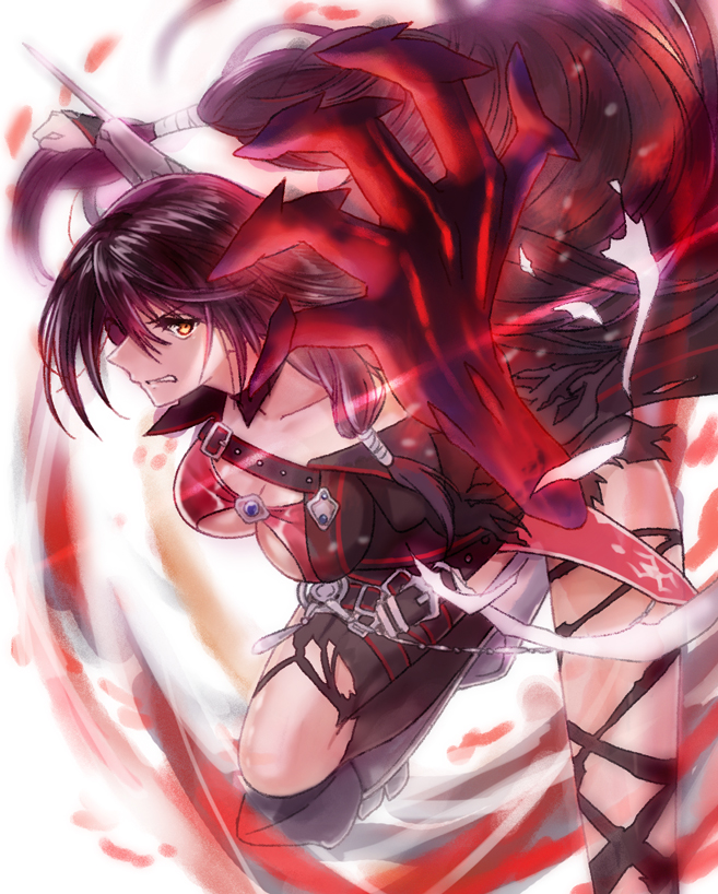 1girl, black_hair, black_legwear, black_shorts, breasts, bridal_gauntlets, brown_eyes, cleavage, clenched_teeth, floating_hair, hair_between_eyes, leaning_forward, leg_up, long_hair, looking_at_viewer, medium_breasts, outstretched_arm, sayame, short_shorts, shorts, solo, standing, standing_on_one_leg, tales_of_(series), tales_of_berseria, teeth, thigh-highs, torn_clothes, torn_legwear, torn_shorts, velvet_crowe, very_long_hair, weapon, white_background