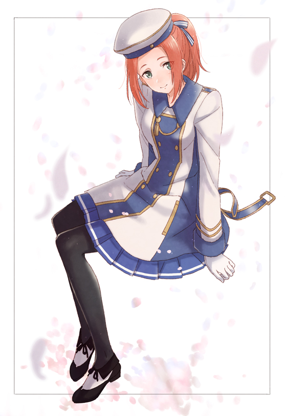 1girl, black_legwear, black_ribbon, blue_ribbon, blue_skirt, brown_hair, eleanor_hume, full_body