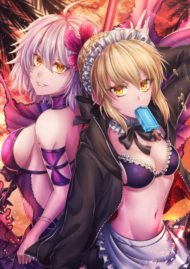2girls, ahoge, apron, arm_strap, artoria_pendragon_(all), back-to-back, bikini, black_bikini, black_jacket, black_skirt, blonde_hair, bra, braided_bun, breasts, choker, cleavage, fate/grand_order, fate_(series), flower, food, frilled_apron, frilled_bikini_top, frilled_skirt, frills, grin, hair_between_eyes, hair_flower, hair_ornament, holding, holding_spear, holding_weapon, hood, hood_down, hooded_jacket, jacket, jeanne_d'arc_(alter)_(fate), jeanne_d'arc_(fate)_(all), kamuinii, large_breasts, long_sleeves, looking_at_viewer, maid_headdress, medium_breasts, midriff, miniskirt, mouth_hold, multiple_girls, navel, open_clothes, open_jacket, polearm, popsicle, purple_bra, red_flower, saber_alter, short_hair, sideboob, silver_hair, skirt, smile, sparkle, spear, standing, stomach, swimsuit, underwear, unzipped, v-shaped_eyebrows, waist_apron, weapon, white_apron, yellow_eyes