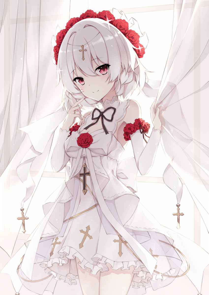 1girl, alternate_costume, bangs, blush, breasts, bridal_veil, bride, circlet