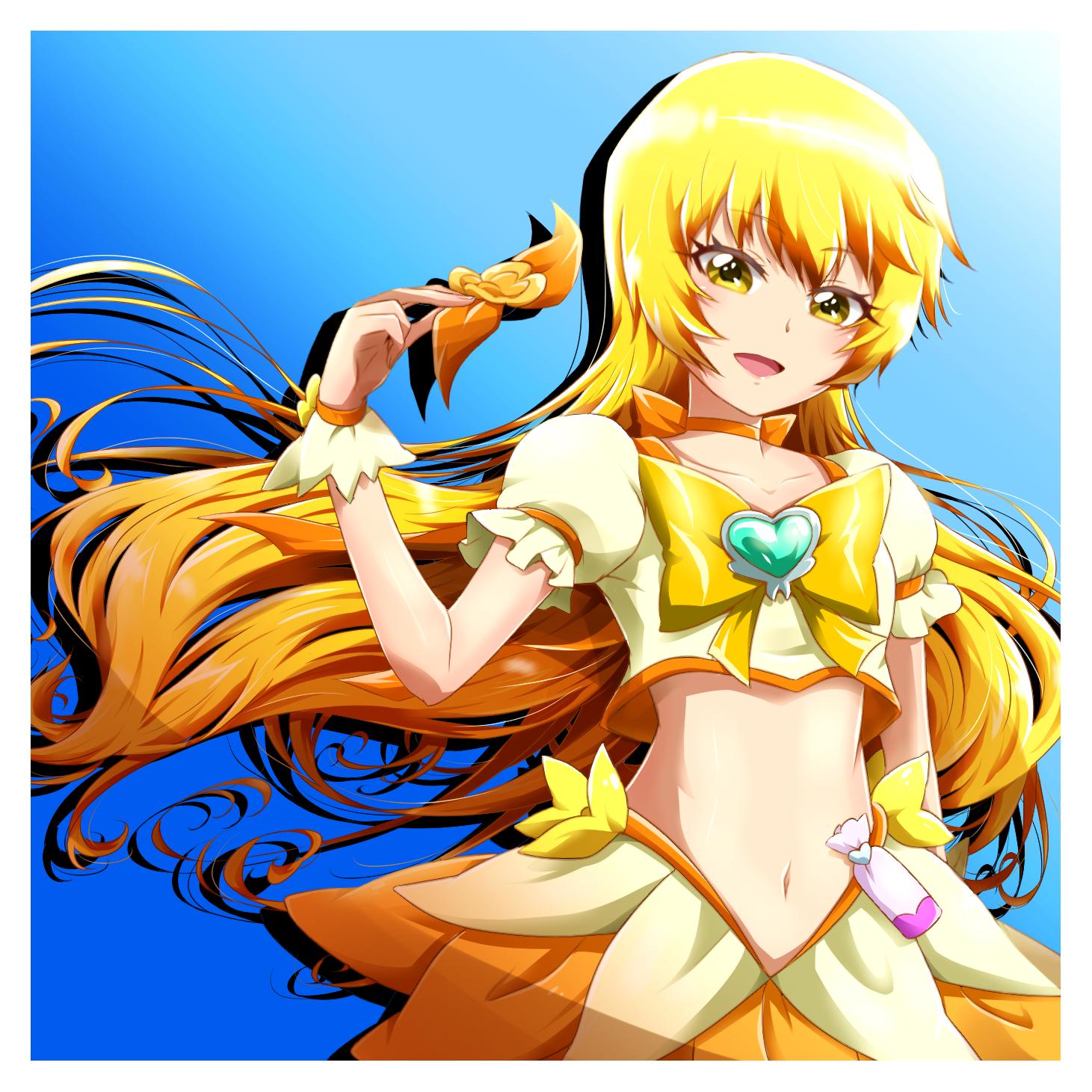 1girl, blonde_hair, border, bow, cure_sunshine, dress, hair_bow, hair_bow_removed