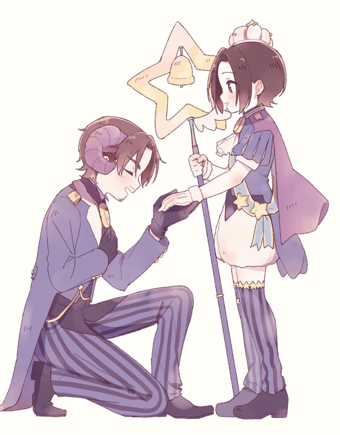 2boys, black_gloves, cape, coattails, crown, gloves, highres, horns