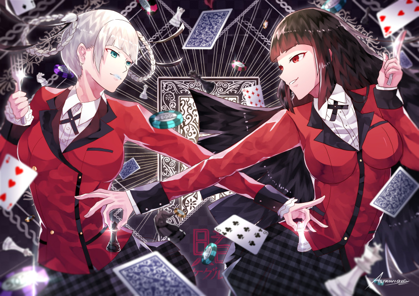 2girls, absurdres, artist_name, astrovique, bangs, black_hair, blunt_bangs, braid