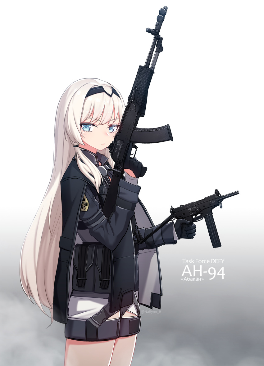 1girl, an-94, an-94_(girls_frontline), assault_rifle, black_cloak, black_gloves, black_jacket, blue_eyes