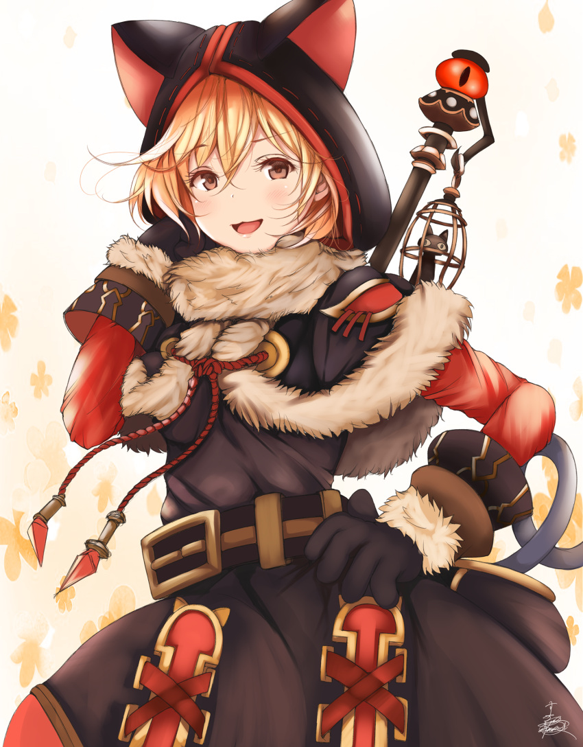 1girl, :3, :d, animal_ears, animal_hood, bangs, belt, black_capelet
