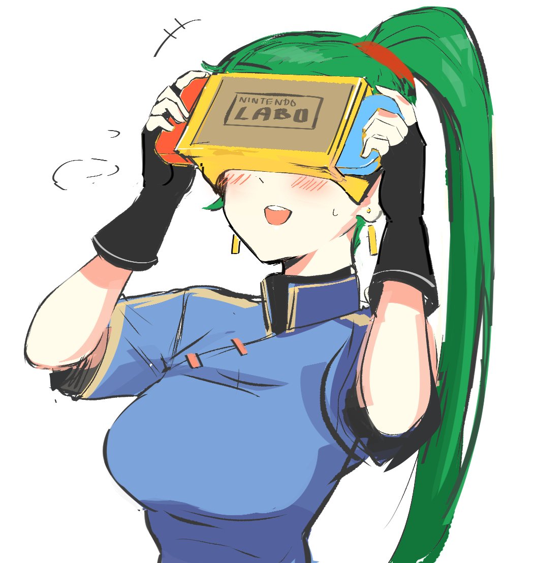1girl, breasts, earrings, fingerless_gloves, fire_emblem, fire_emblem:_rekka_no_ken, gloves, green_eyes, green_hair, head_mounted_display, high_ponytail, intelligent_systems, jewelry, long_hair, lyndis_(fire_emblem), nintendo, nintendo_labo, ormille, pelvic_curtain, ponytail, simple_background, smile, solo, toy-con, virtual_reality, vr, white_background