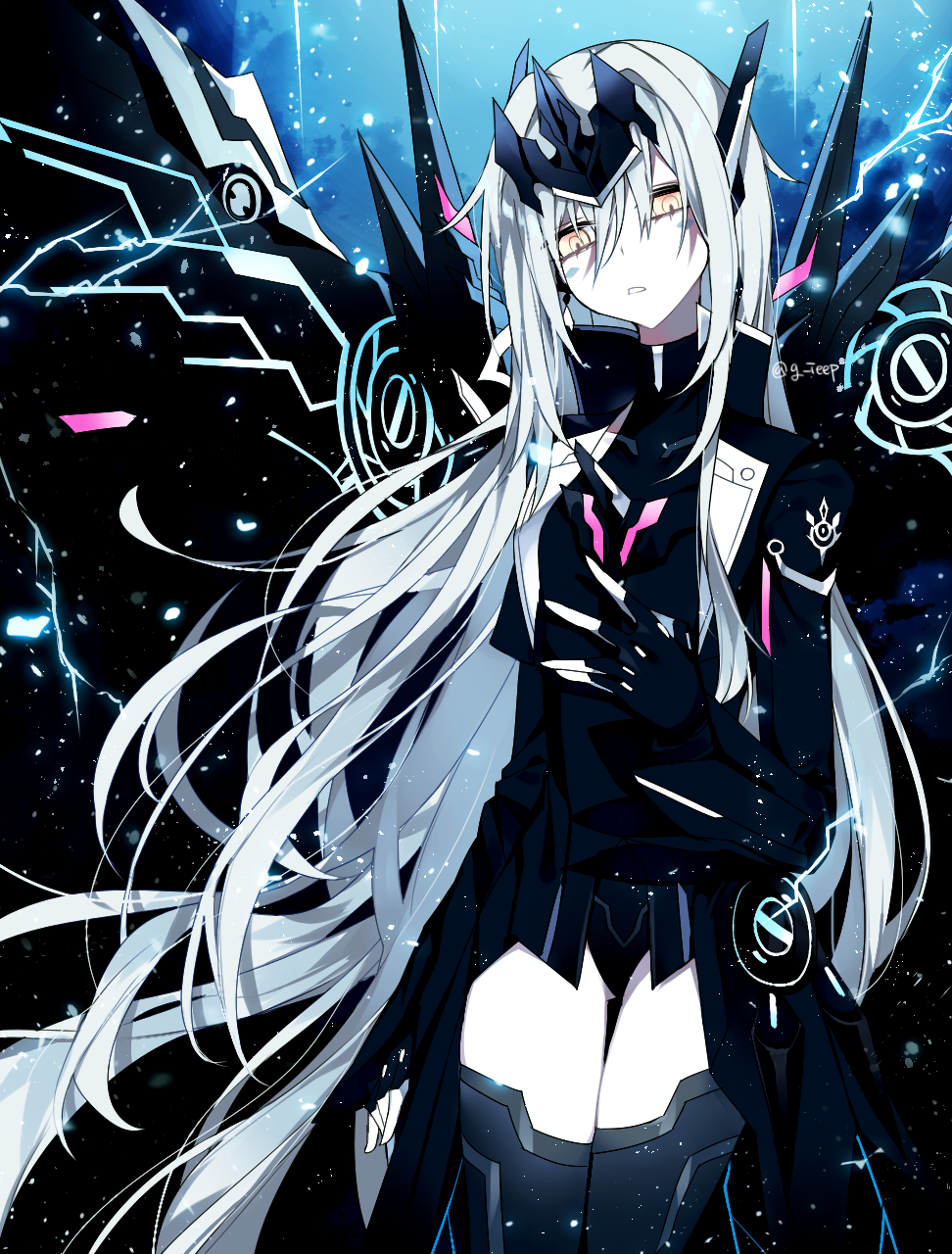 1girl, code:_ultimate_(elsword), earrings, electricity, elsword, energy, eve_(elsword), facial_mark, g_ieep, headgear, highres, jewelry, looking_down, mechanical_ears, spike, symbol, wings
