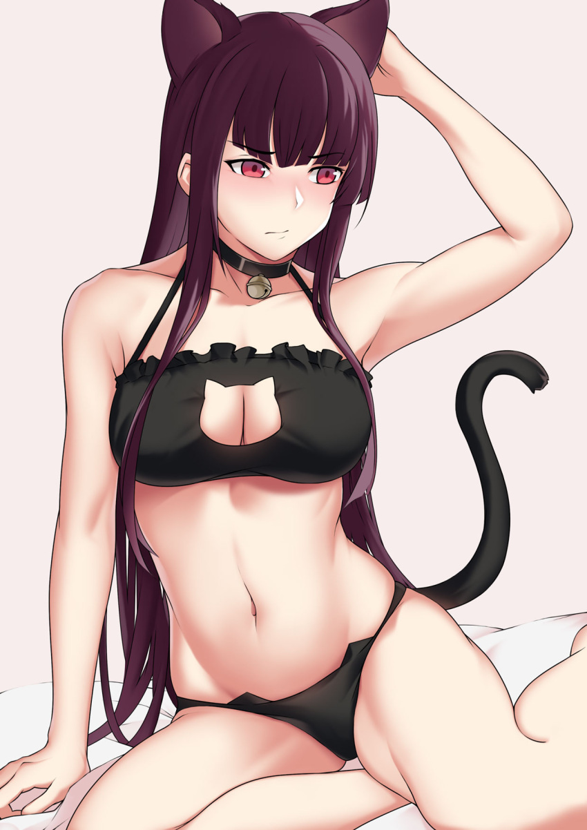 1girl, animal_ears, bangs, bell, bell_choker, black_panties, blush, bra