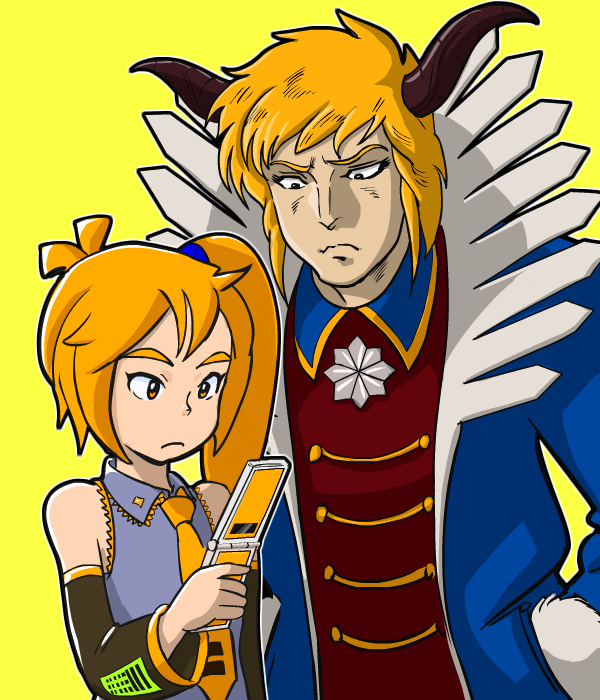 1boy, 1girl, akita_neru, bare_shoulders, blonde_hair, blue_coat, cellphone, choudenji_machine_voltes_v, coat, color_connection, crossover, detached_sleeves, emblem, fur-trimmed_sleeves, fur_trim, heinel, holding, holding_phone, horns, long_hair, looking_at_object, looking_at_phone, looking_down, name_connection, necktie, nippori_honsha, phone, shirt, short_hair, side_ponytail, sleeveless, sleeveless_shirt, upper_body, vocaloid, yellow_background
