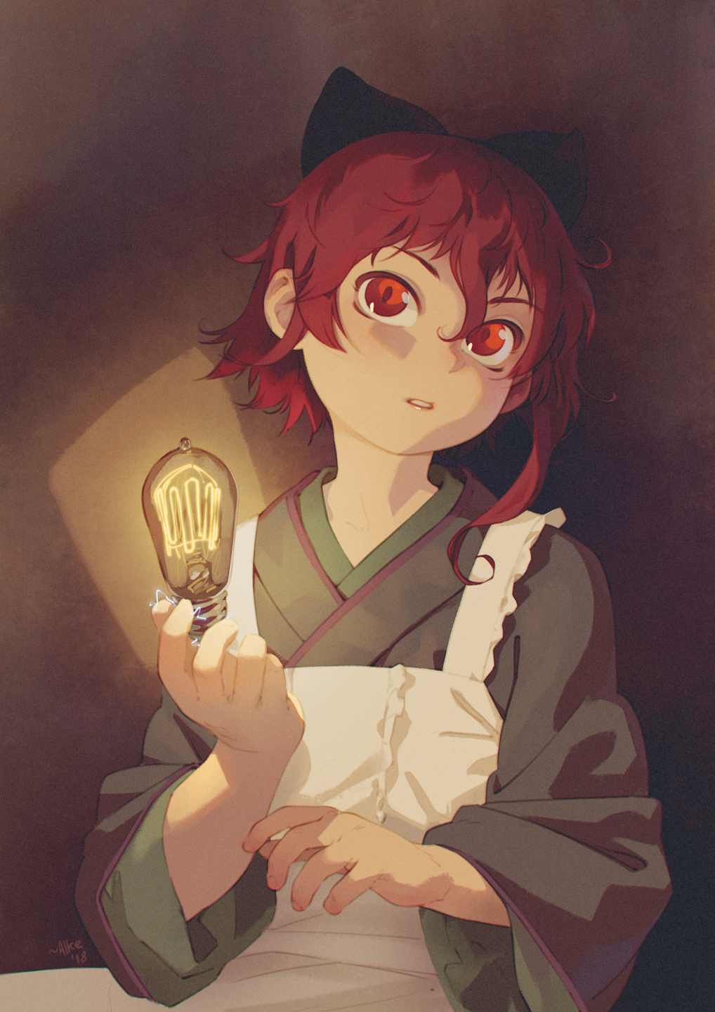 1girl, ain_(despera), alkemanubis, apron, asymmetrical_hair, bow, commentary, despera