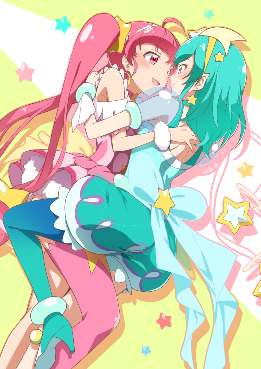 2girls, ahoge, blue_eyes, blue_hair, blush, choker, cure_milky, cure_star
