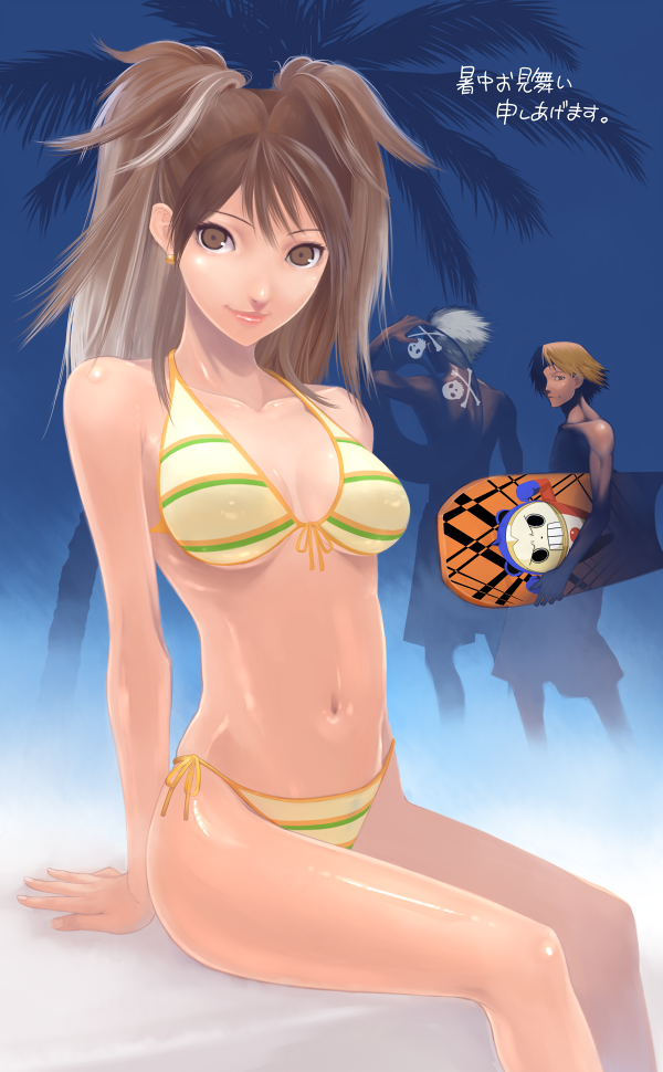bikini, brown_eyes, brown_hair, front-tie_top, hanamura_yousuke, innertube, izumi_(pixiv10995), izumi_(walnov), kujikawa_rise, kuma_(persona_4), lipstick, palm_tree, persona, persona_4, shiny, side-tie_bikini, smile, striped, striped_bikini, striped_swimsuit, surfboard, swimsuit, tatsumi_kanji, tree, twintails, yousuke_hanamura