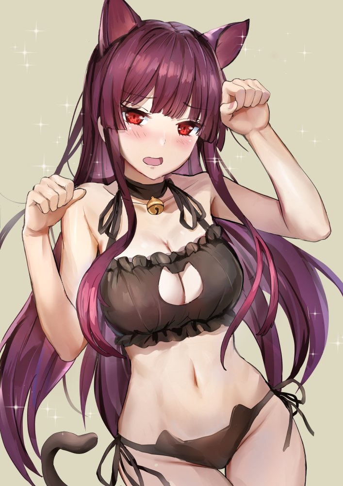 1girl, animal_ears, bangs, bell, bell_choker, black_panties, blush, bra