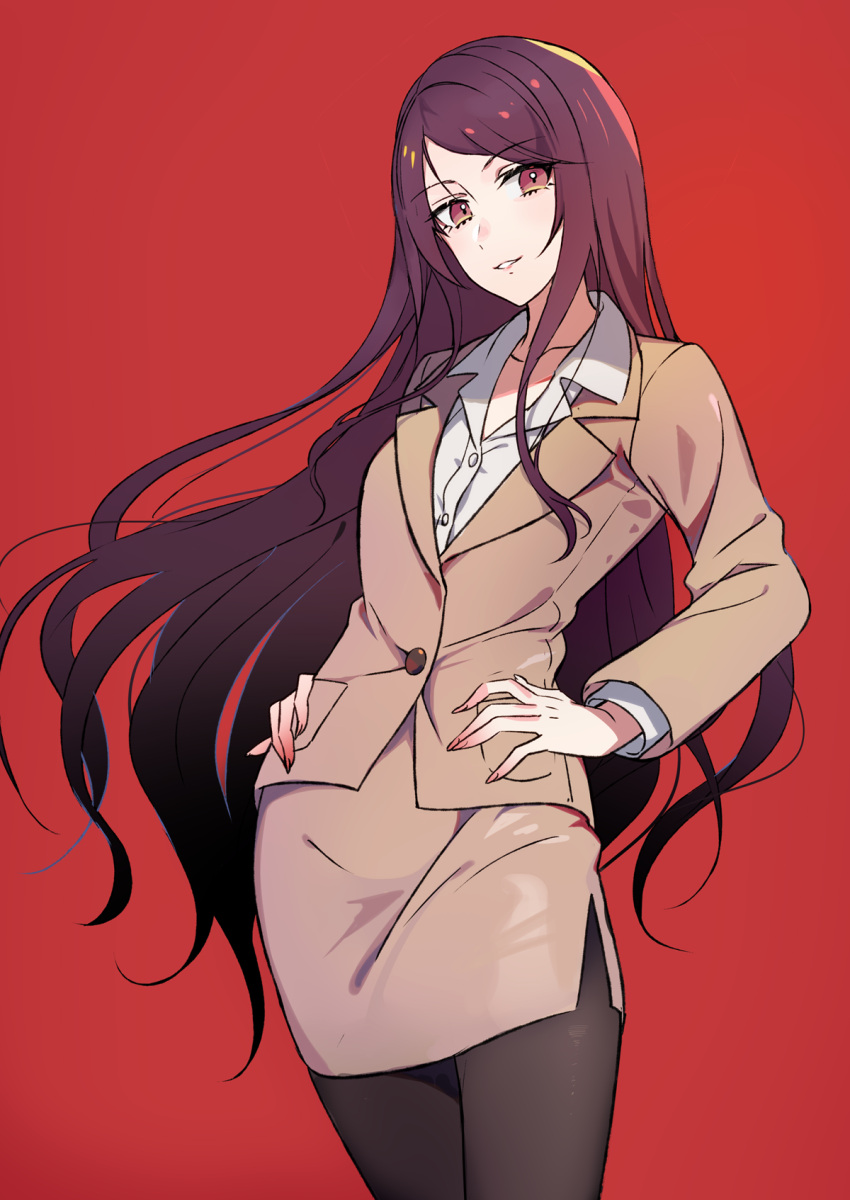 1girl, bangs, black_legwear, brown_jacket, brown_skirt, collared_shirt, commentary_request, cowboy_shot
